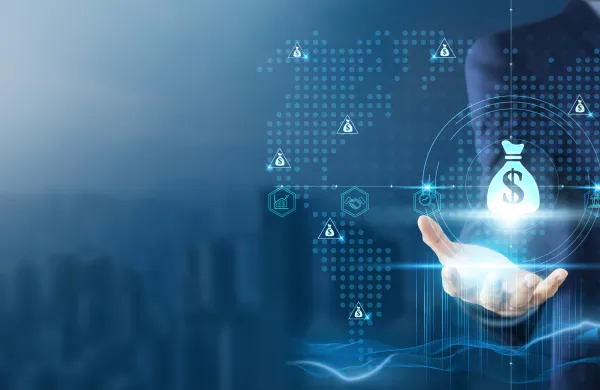 Investment: Businessman Holding Investment on Global Technology Network, Market Trends and Analysis, Financial Growth, Strategic Planning.Opportunities.