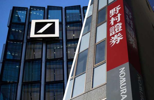 A new Deutsche Bank AG office building in Frankfurt, Germany (left) and a Nomura Holdings Inc. branch in Tokyo, Japan. (Deutsche: Krisztian Bocsi/Bloomberg) (Nomura: Yuriko Nakao/Bloomberg).