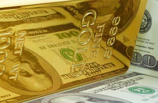 Yellow Gold Ingot Bar with U.S. Currency