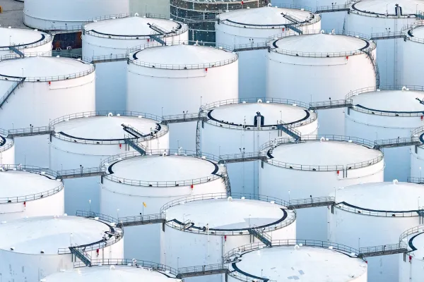 A large group of fuel storage tanks located at a refinery along the ship channel in Houston, Texas shot via helicopter from an altitude of about 300 feet.