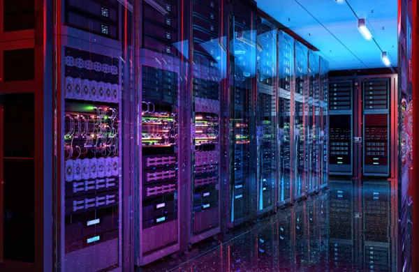 Data center server racks. IT modern hardware server room, data storage center, database information system. Hosting, it data backup, computing technology service, network security, supercomputers, 3D - stock photo