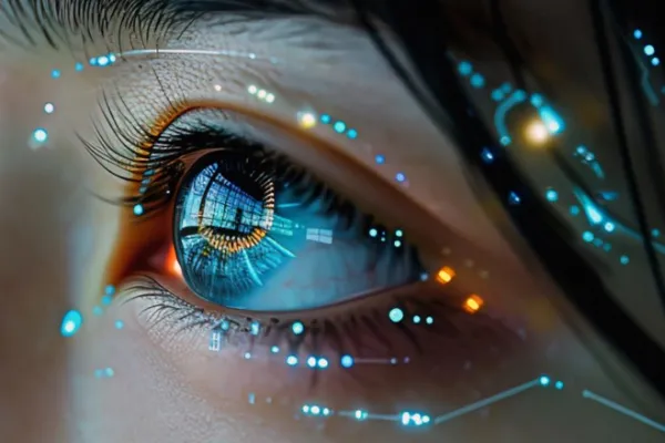 Close-up of a human eye with digital glowing effects and blue circuitry patterns.