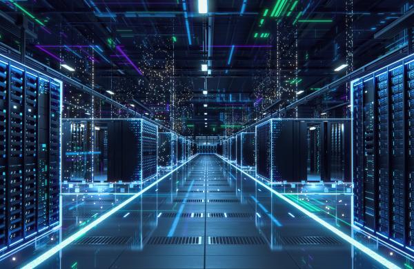 Modern Data Technology Center Server Racks in Dark Room with VFX. Visualization Concept of Internet of Things, Data Flow, Digitalization of Internet Traffic. Electric Equipment Warehouse.