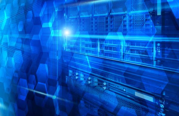 Stand with server hardware and lighting in the room motion blur with graphic elements on top