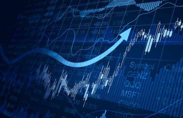 A blue financial chart with arrows pointing up