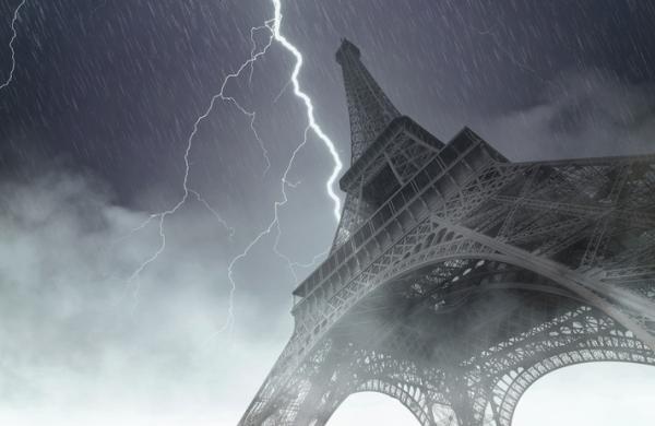 Eiffel tower during the heavy storm, rain and lighting in Paris, creative picture