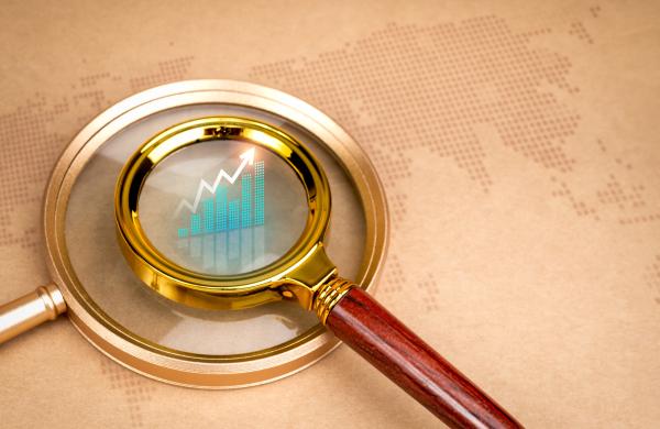 Global customer insights, deep target and trends, finding detail to right goal, specific niche marketing concept. Business growth graph on two sizes magnifying glass on digital world map background.