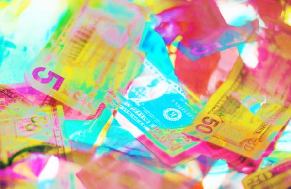 Holographic US currency bills, vibrant color