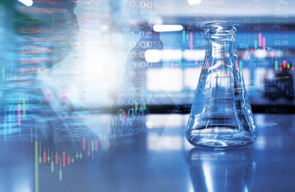 single science glass flask with double exposure scientist holding tube in chemistry blue laboratory with stock market information background