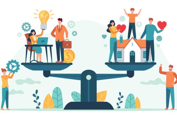 Home and work on scales. Woman and man balancing family and career. Business people compare love, children, job. Balance life vector concept