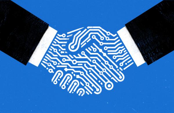 Hand shake between two businessmen with digital hands