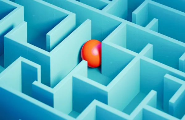Red Colored Sphere Trapped Inside A Blue Maze - Solution Concept