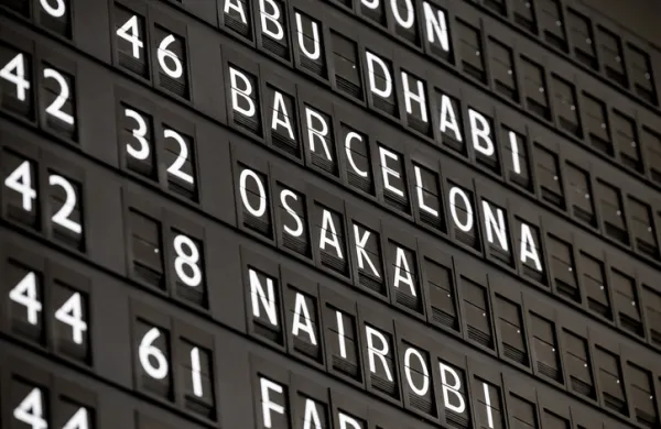 Retro style destinations on an arrival/departures board at the airport