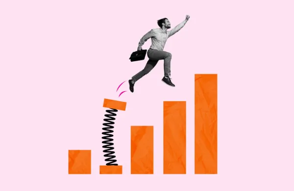 Creative picture image collage banner of guy worker jump from financial charts determined company success