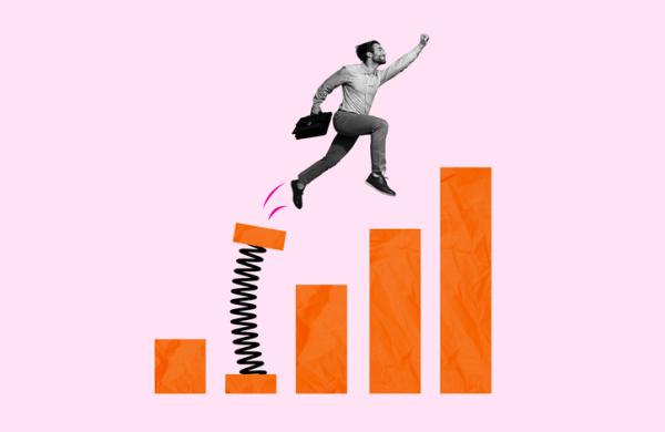 Creative picture image collage banner of guy worker jump from financial charts determined company success