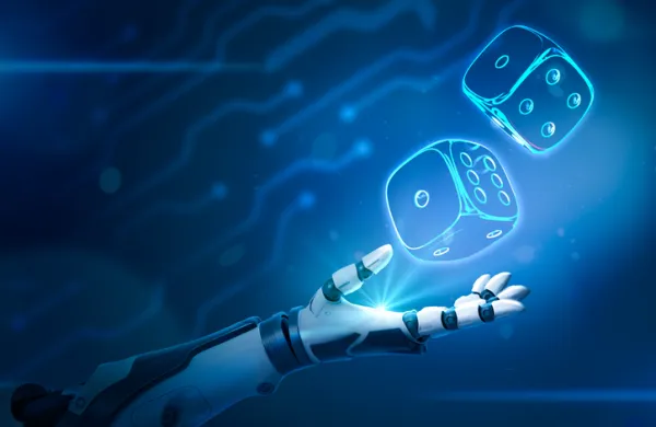 Robotic hand and neon casino dice on blue background