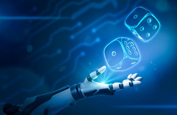Robotic hand and neon casino dice on blue background