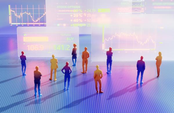 Business People Standing and Discussing in the Metaverse. Digital Collaborations in the Metaverse. Digital Finance Evolution. Innovative Fintech Technology. Visualizing Financial Investment. Stock Market Trading Monitor