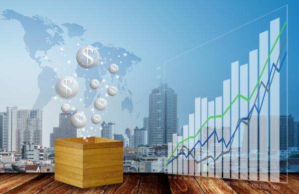 Bubbles of money and growth graph with cityscape background, Bubble of economy concept