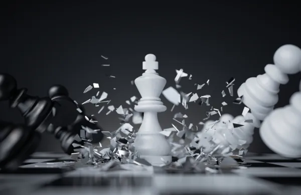 3d render, chess game battle, white king chess piece, aggressive attack. Successful strategy, checkmate concept