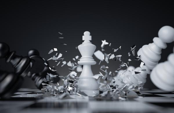 3d render, chess game battle, white king chess piece, aggressive attack. Successful strategy, checkmate concept
