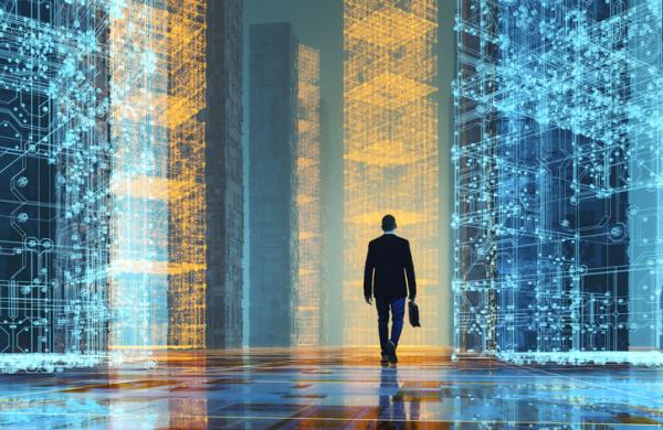 Businessman walking in futuristic VR environment