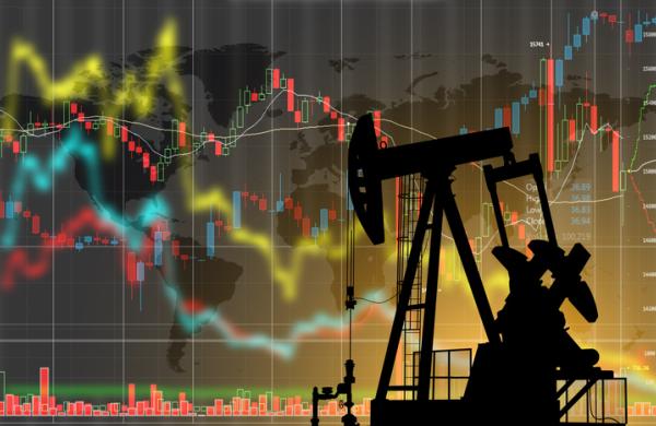 Oil pump on the background of stock charts. Changes in world oil prices
