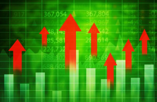 Red upward arrows with currency exchange rate