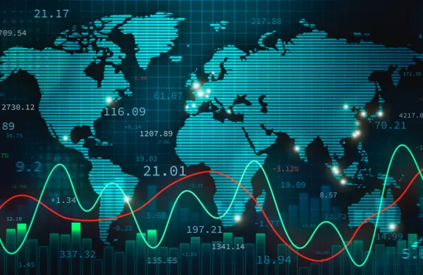 Stock foreign exchange or forex illustration with the world map, infographics and numbers. International finance, trade and economy concept.