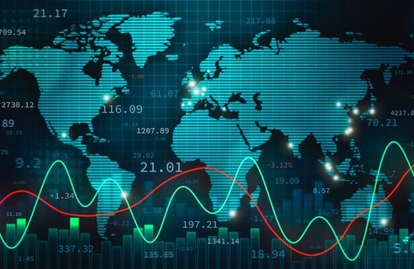 Stock foreign exchange or forex illustration with the world map, infographics and numbers. International finance, trade and economy concept.