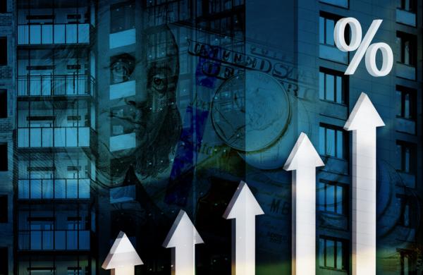 3d arrows and percent sign on a background of a building under construction and US banknotes. Concept of growth of financial and mortgage rates, profits in construction industry.