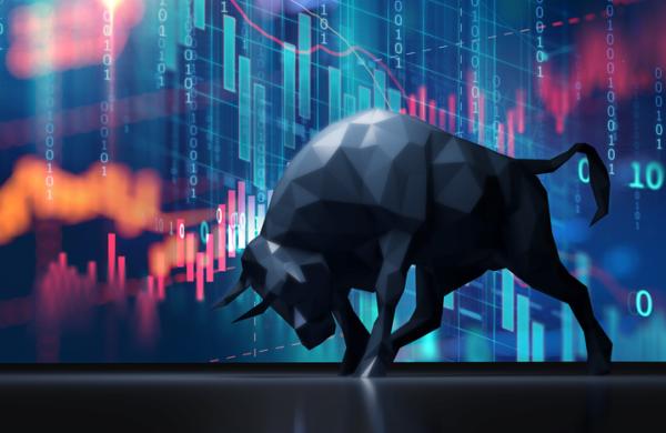 silhouette form of bull on technical financial graph 3d illustration