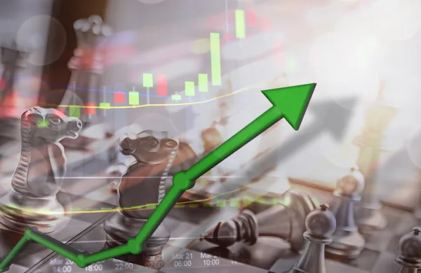Stock market capital gains and money earned from investing.  Upswing concept with money in hand for USD rising and financial firms earning millions.