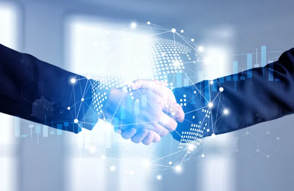 Businessmen handshake global stock market graph bar chart globe network connection links diagram background. Digital innovative technology internet communication agreement partnership teamwork concept