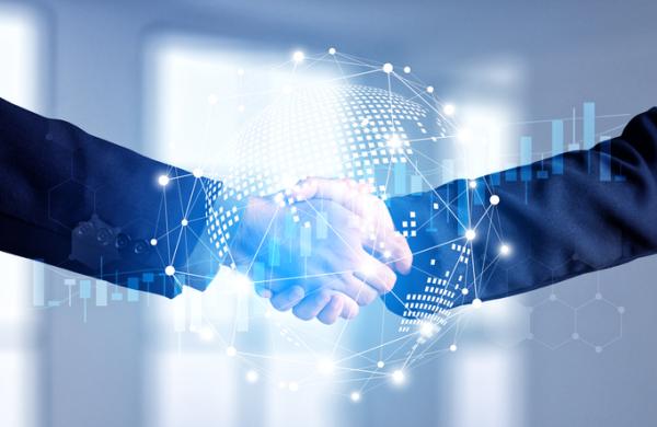 Businessmen handshake global stock market graph bar chart globe network connection links diagram background. Digital innovative technology internet communication agreement partnership teamwork concept