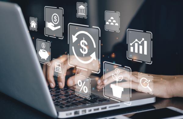 Businessman using a computer to Concept of fund financial investment management portfolio diversification