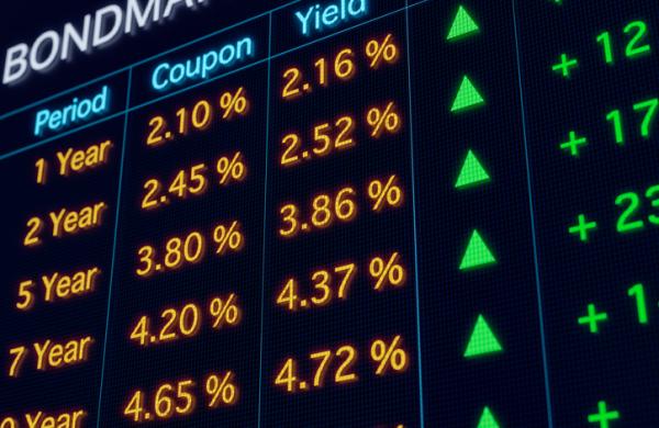 Bond market screen with rising yields and interest rates.