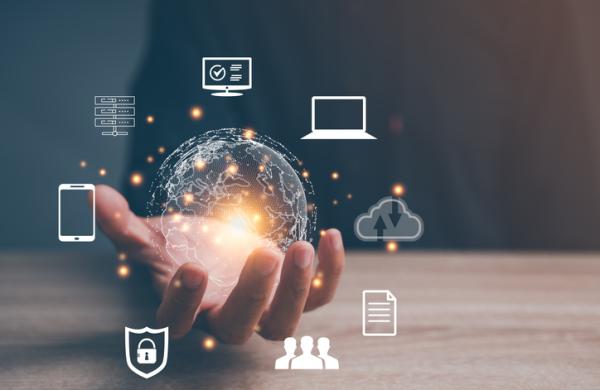 Hand holding virtual Global Internet connection metaverse. Business global internet connection application technology and digital marketing, Financial and banking, Digital link tech, big data.