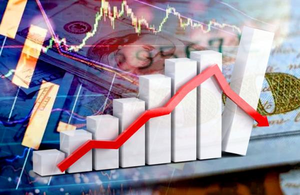 Down arrow, cash dollar bills and stock market indicators - Economy graph