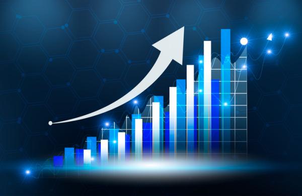 Graphical Growth Trend with Futuristic Design. Financial Success Bar Chart with Rising Arrow. Digital Business Growth Visualization. Modern Economic Chart Illustration. Blue Themed Rising Data Bars