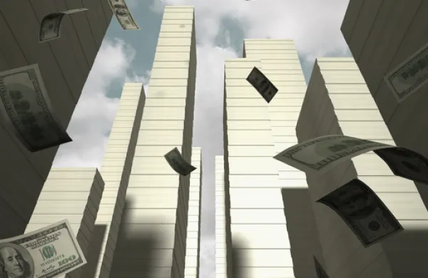 Bank note falling on the bank note city