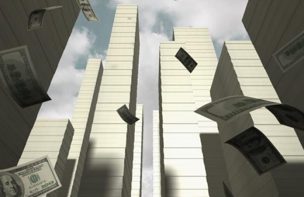 Bank note falling on the bank note city