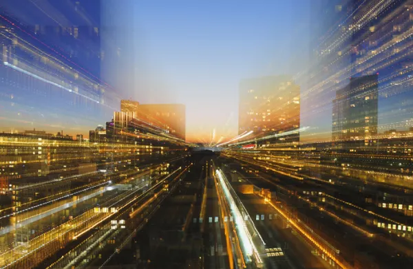 USA, Massachusetts, Boston, Financial District, Composite image of illuminated financial district at dusk
