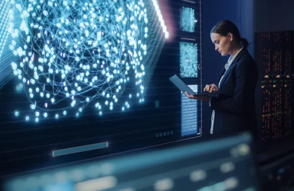 Young Female Computer Science Engineer Working on Laptop next at Big Screen Display Showing Neural Data. Telecommunications Technology Company System Control and Monitoring Room with Servers.