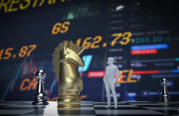 The unicorn and man figure on chess board for business concept 3d rendering