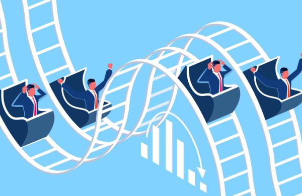 Marketing price fluctuations, stock market price fluctuations, investment money and losses, unstable financial markets, isometric businessmen riding a roller coaster of ups and downs