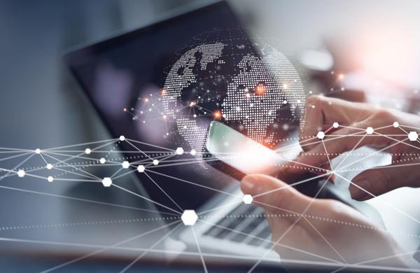 Digital technology, internet network connection, big data, digital marketing IoT internet of things. Woman using mobile phone and laptop computer surfing internet, innovative technology background