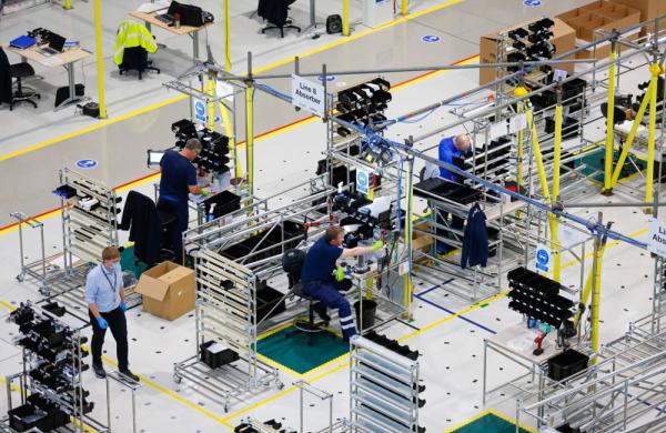 Employees work on ventilator production at an adapted Airbus assembly plant. (Paul Thomas/Bloomberg)