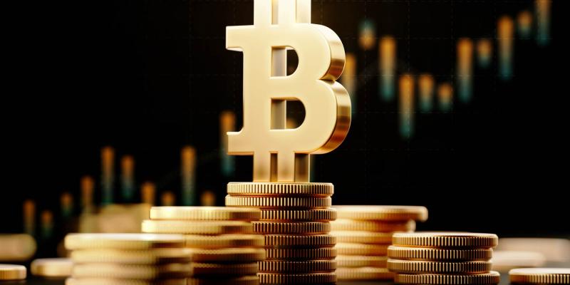 Bitcoin Symbol With Financial Chart Over Dark Background
