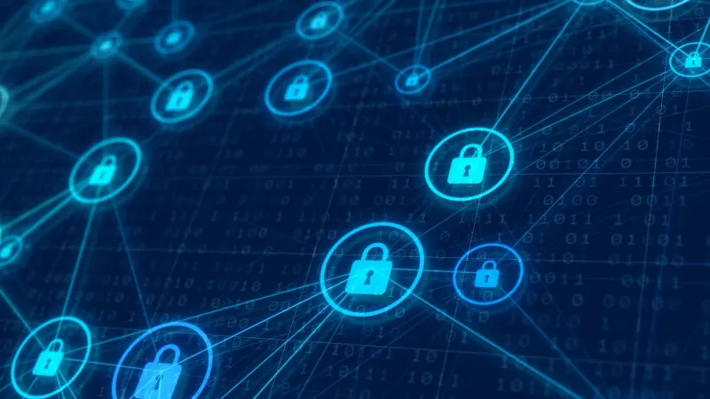 Network of blue digital padlocks and security icons on a dark background.